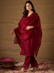 Elegant Maroon Kurta Pant Set with Dupatta