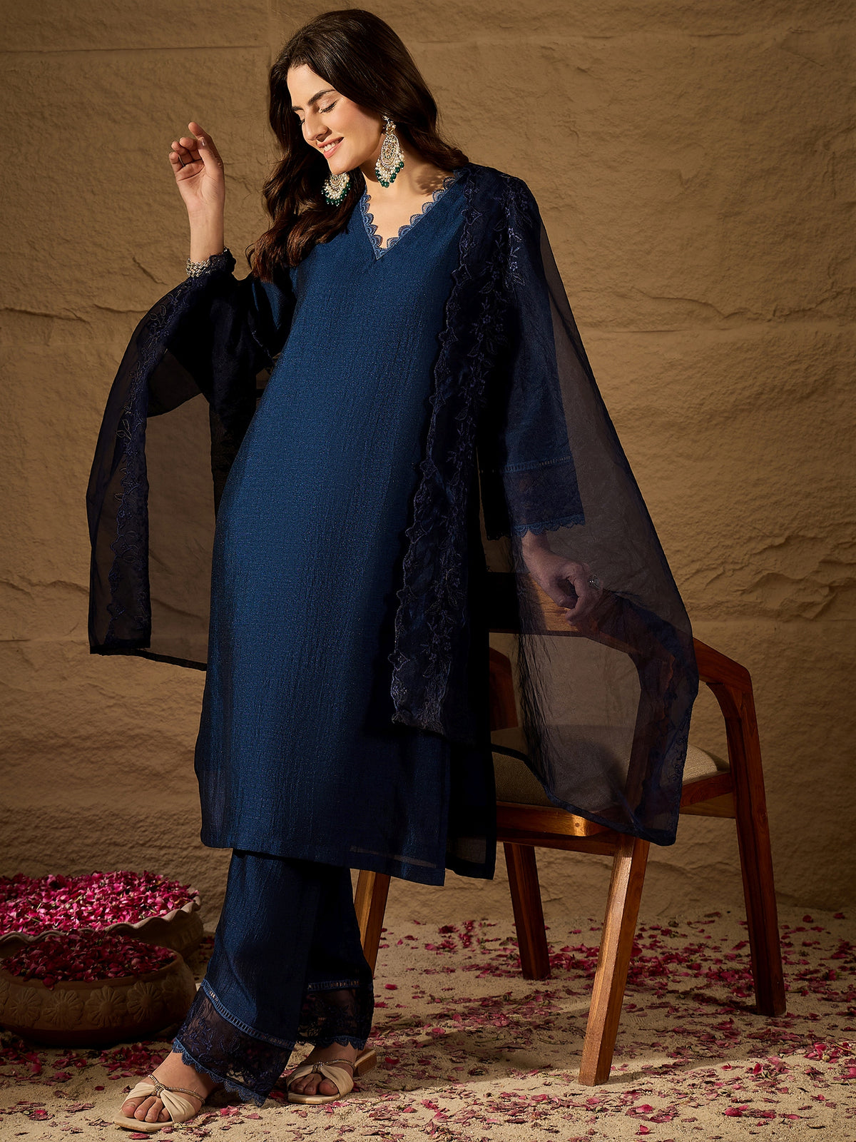 Graceful Navy Blue Kurta Pant Set with Dupatta