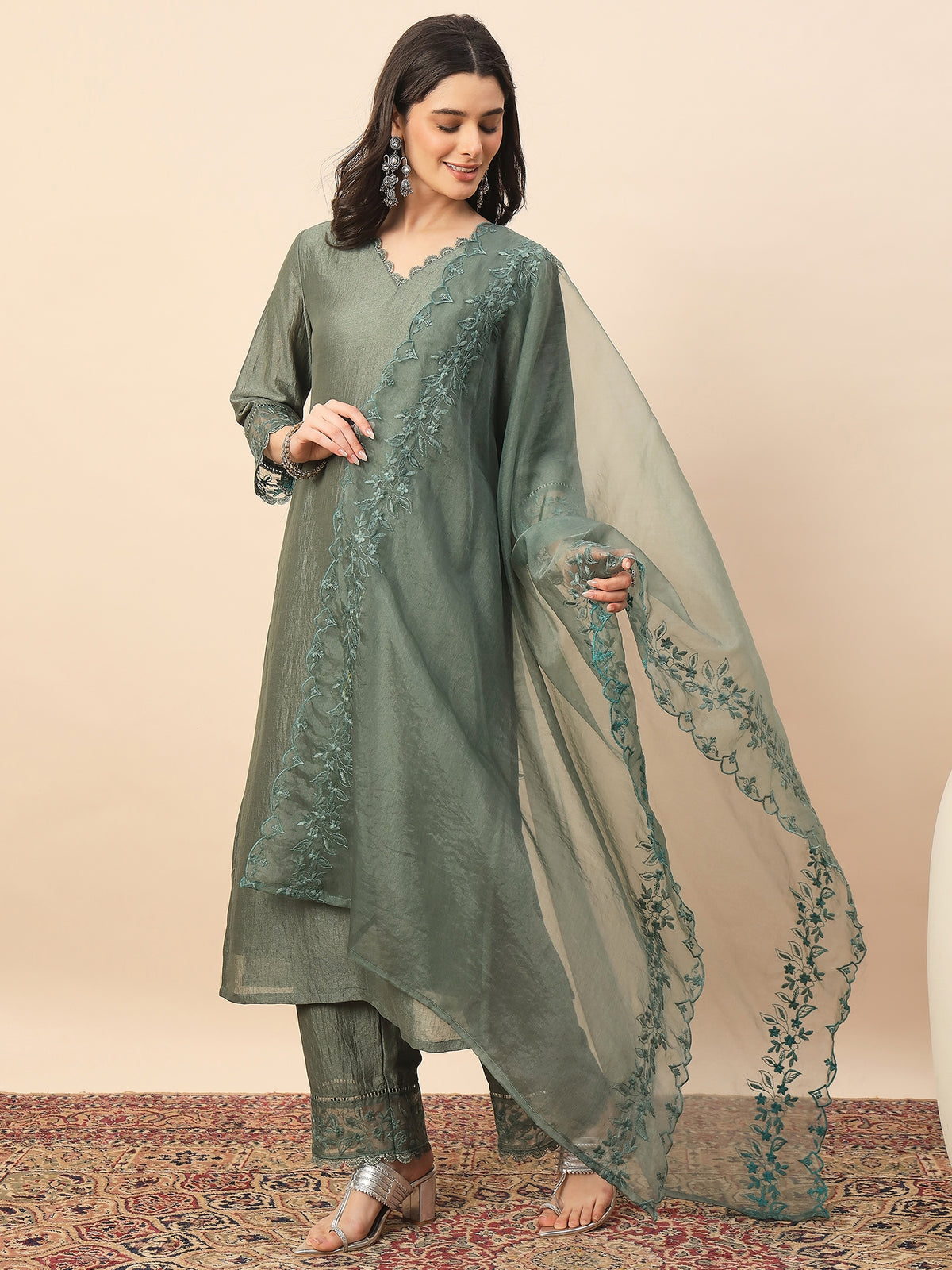 Olive Green Embroidered Organza Kurta Set with Dupatta for Women | Elegant Festive & Party Wear Ethnic Suit