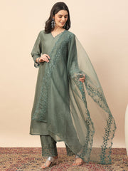 Olive Green Embroidered Organza Kurta Set with Dupatta for Women | Elegant Festive & Party Wear Ethnic Suit