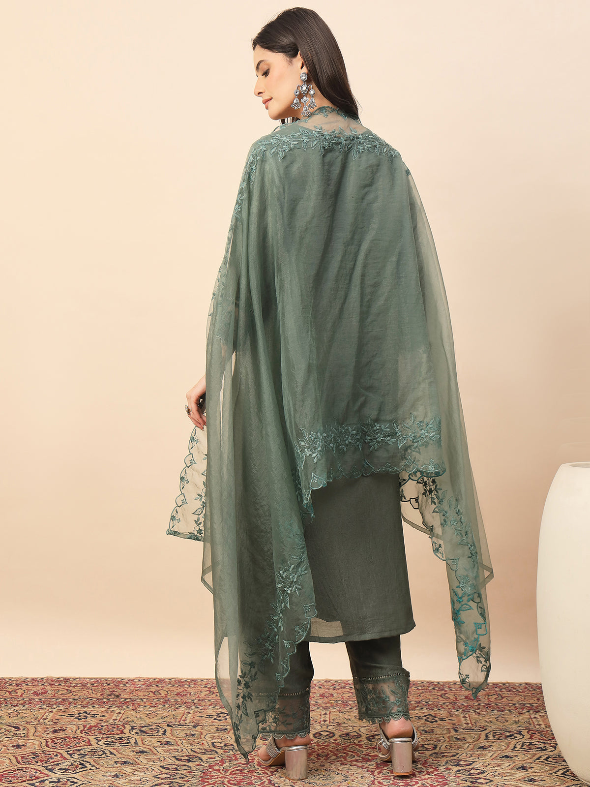 Olive Green Embroidered Organza Kurta Set with Dupatta for Women | Elegant Festive & Party Wear Ethnic Suit