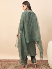 Olive Green Embroidered Organza Kurta Set with Dupatta for Women | Elegant Festive & Party Wear Ethnic Suit