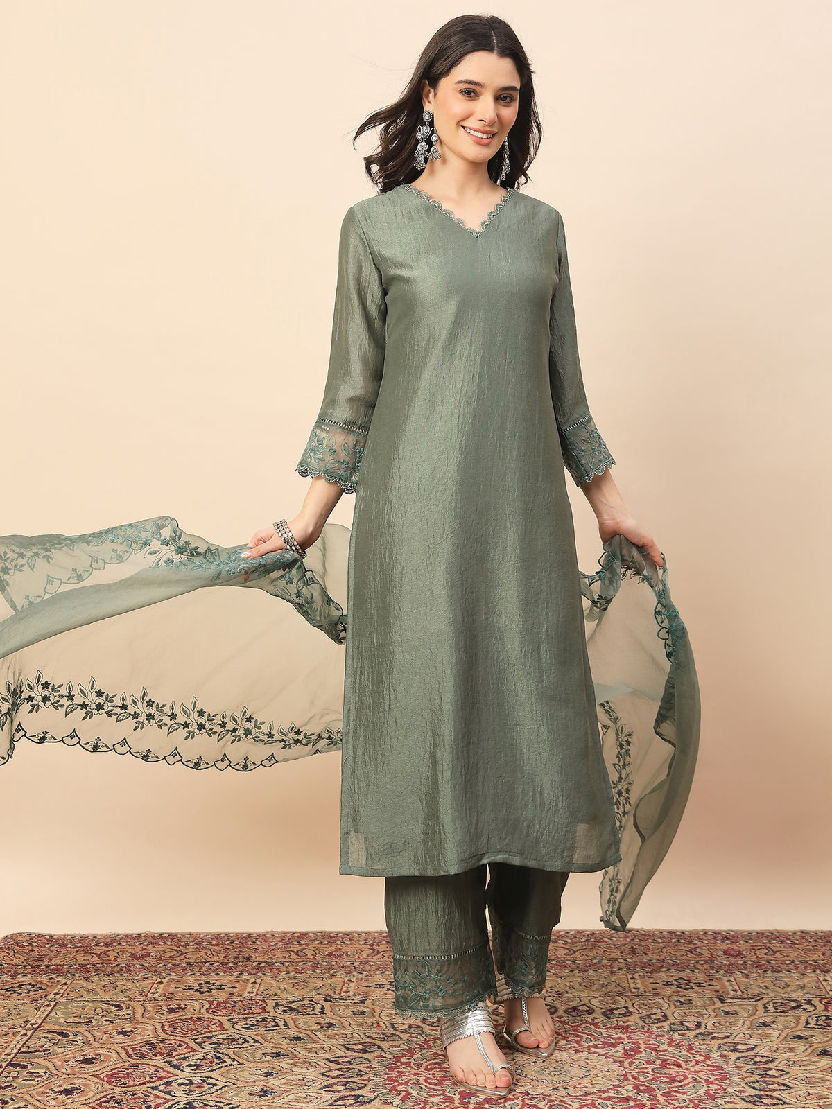 Olive Green Embroidered Organza Kurta Set with Dupatta for Women | Elegant Festive & Party Wear Ethnic Suit