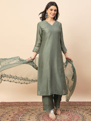 Olive Green Embroidered Organza Kurta Set with Dupatta for Women | Elegant Festive & Party Wear Ethnic Suit