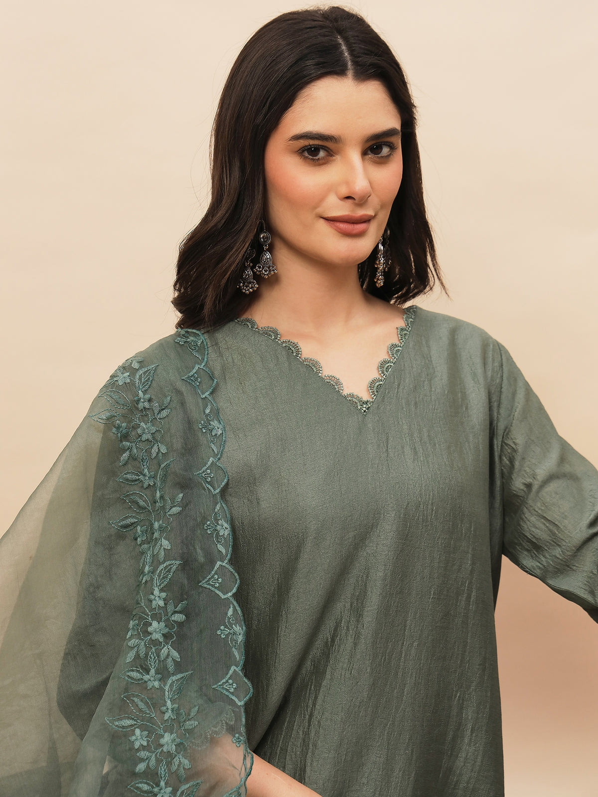 Olive Green Embroidered Organza Kurta Set with Dupatta for Women | Elegant Festive & Party Wear Ethnic Suit