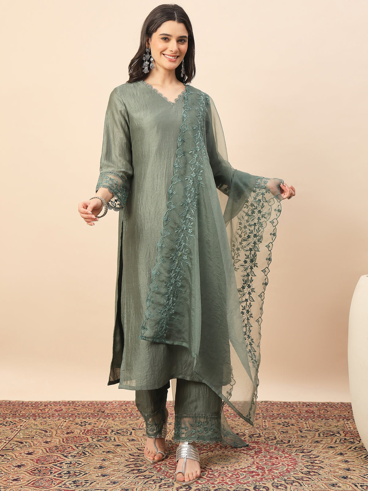 Olive Green Embroidered Organza Kurta Set with Dupatta for Women | Elegant Festive & Party Wear Ethnic Suit