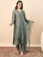 Olive Green Embroidered Organza Kurta Set with Dupatta for Women | Elegant Festive & Party Wear Ethnic Suit