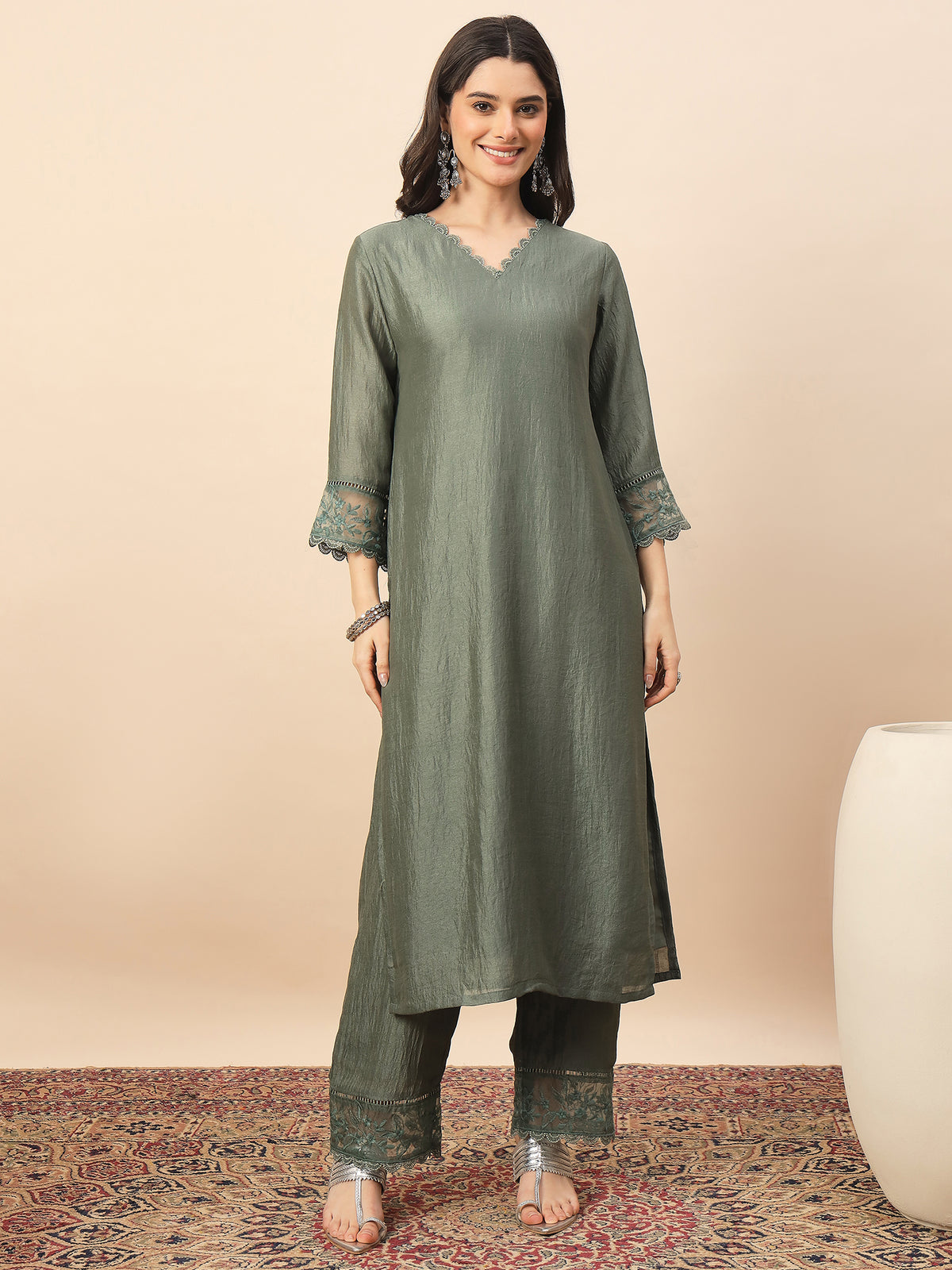Olive Green Embroidered Organza Kurta Set with Dupatta for Women | Elegant Festive & Party Wear Ethnic Suit
