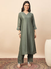 Olive Green Embroidered Organza Kurta Set with Dupatta for Women | Elegant Festive & Party Wear Ethnic Suit