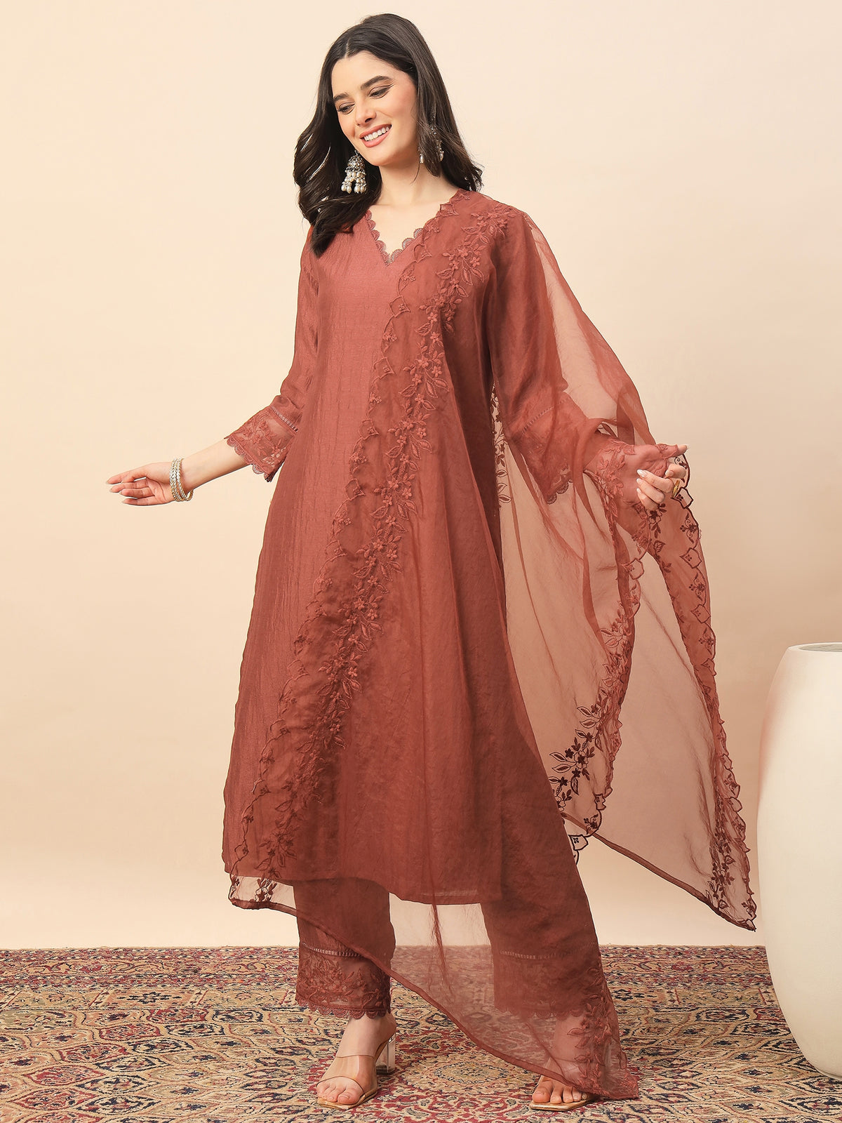 Rust Embroidered Organza Kurta Set with Dupatta for Women | Elegant Festive & Party Wear Ethnic Suit