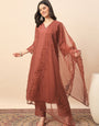 Rust Embroidered Organza Kurta Set with Dupatta for Women | Elegant Festive & Party Wear Ethnic Suit
