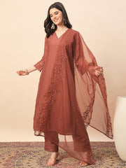 Rust Embroidered Organza Kurta Set with Dupatta for Women | Elegant Festive & Party Wear Ethnic Suit