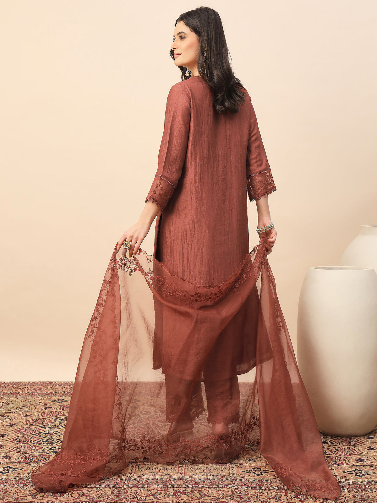 Rust Embroidered Organza Kurta Set with Dupatta for Women | Elegant Festive & Party Wear Ethnic Suit