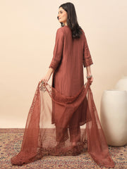 Rust Embroidered Organza Kurta Set with Dupatta for Women | Elegant Festive & Party Wear Ethnic Suit