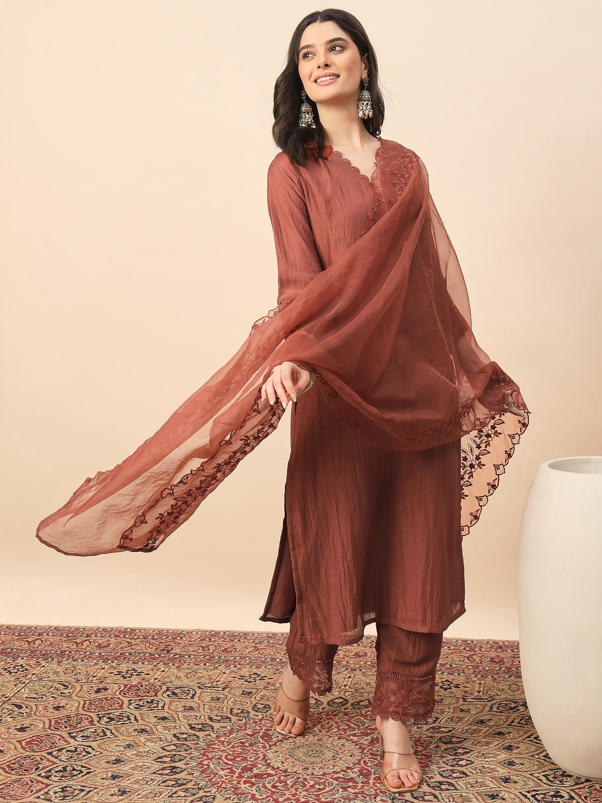 Rust Embroidered Organza Kurta Set with Dupatta for Women | Elegant Festive & Party Wear Ethnic Suit