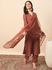 Rust Embroidered Organza Kurta Set with Dupatta for Women | Elegant Festive & Party Wear Ethnic Suit