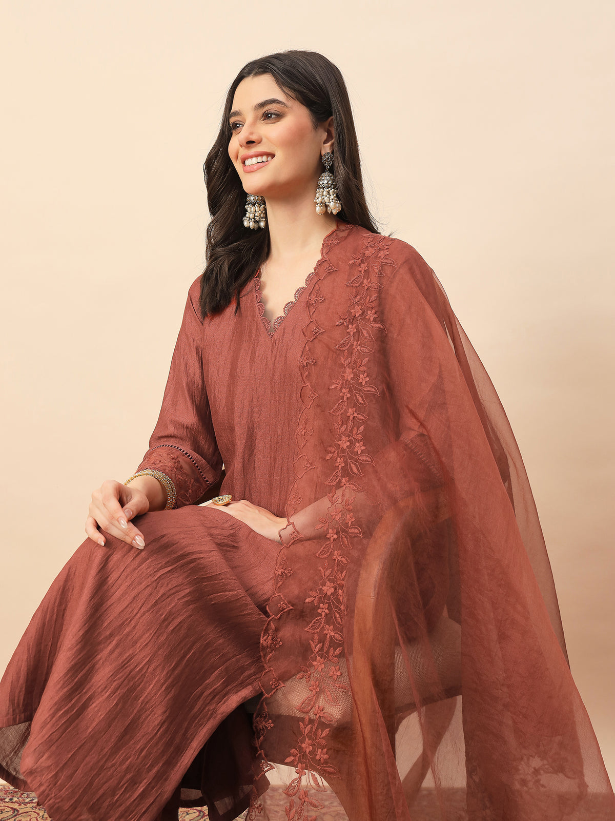 Rust Embroidered Organza Kurta Set with Dupatta for Women | Elegant Festive & Party Wear Ethnic Suit