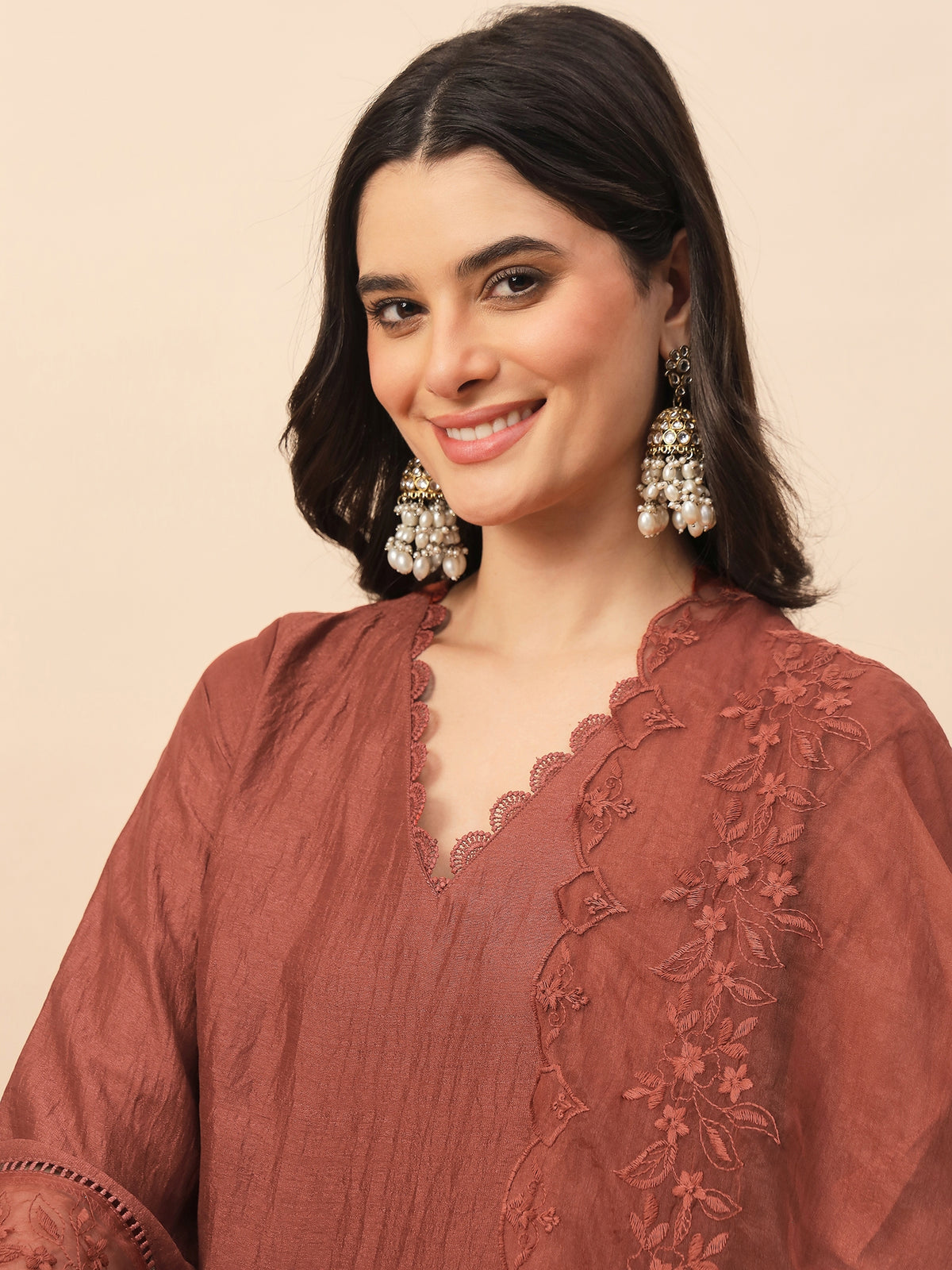 Rust Embroidered Organza Kurta Set with Dupatta for Women | Elegant Festive & Party Wear Ethnic Suit