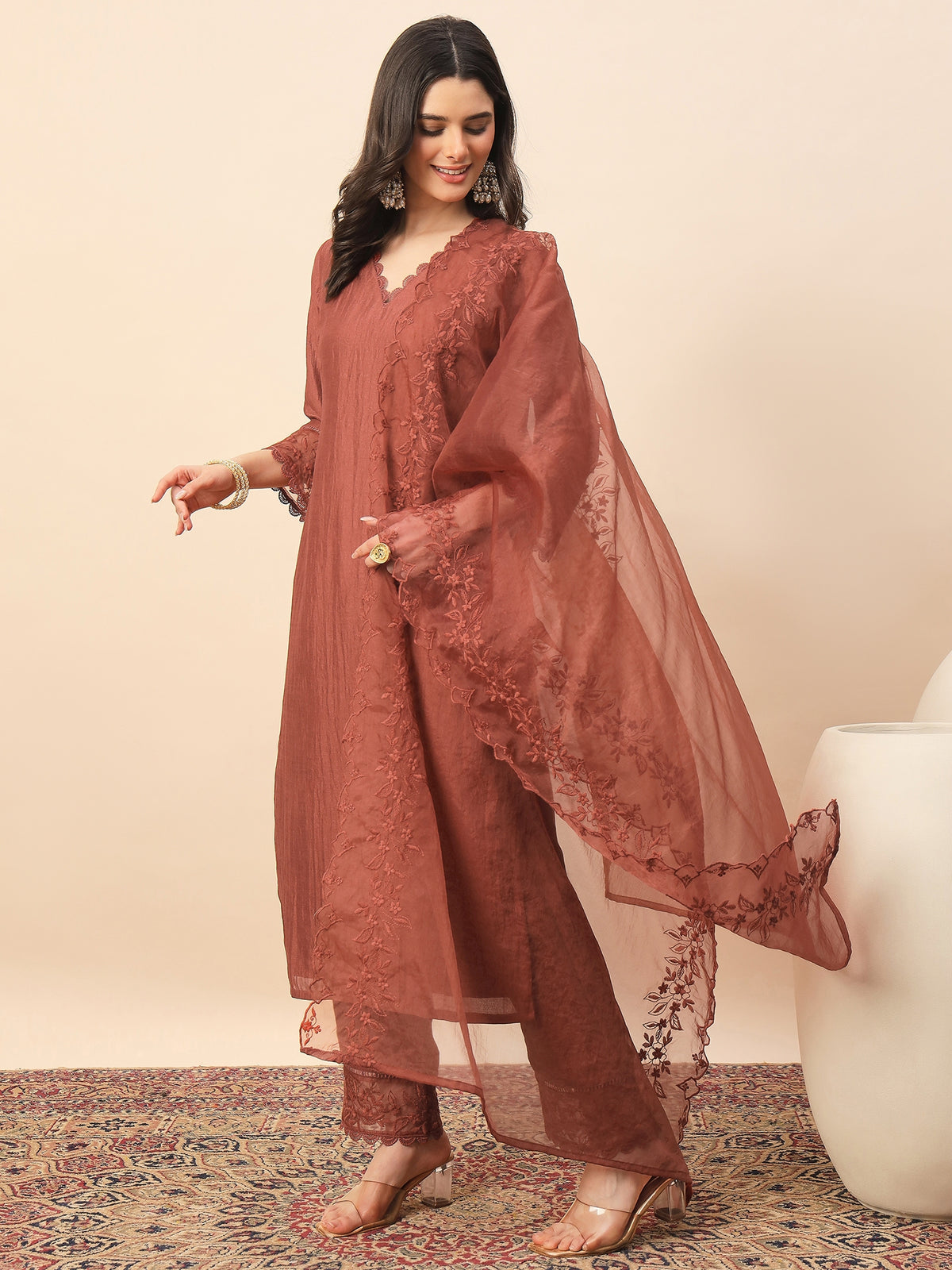 Rust Embroidered Organza Kurta Set with Dupatta for Women | Elegant Festive & Party Wear Ethnic Suit