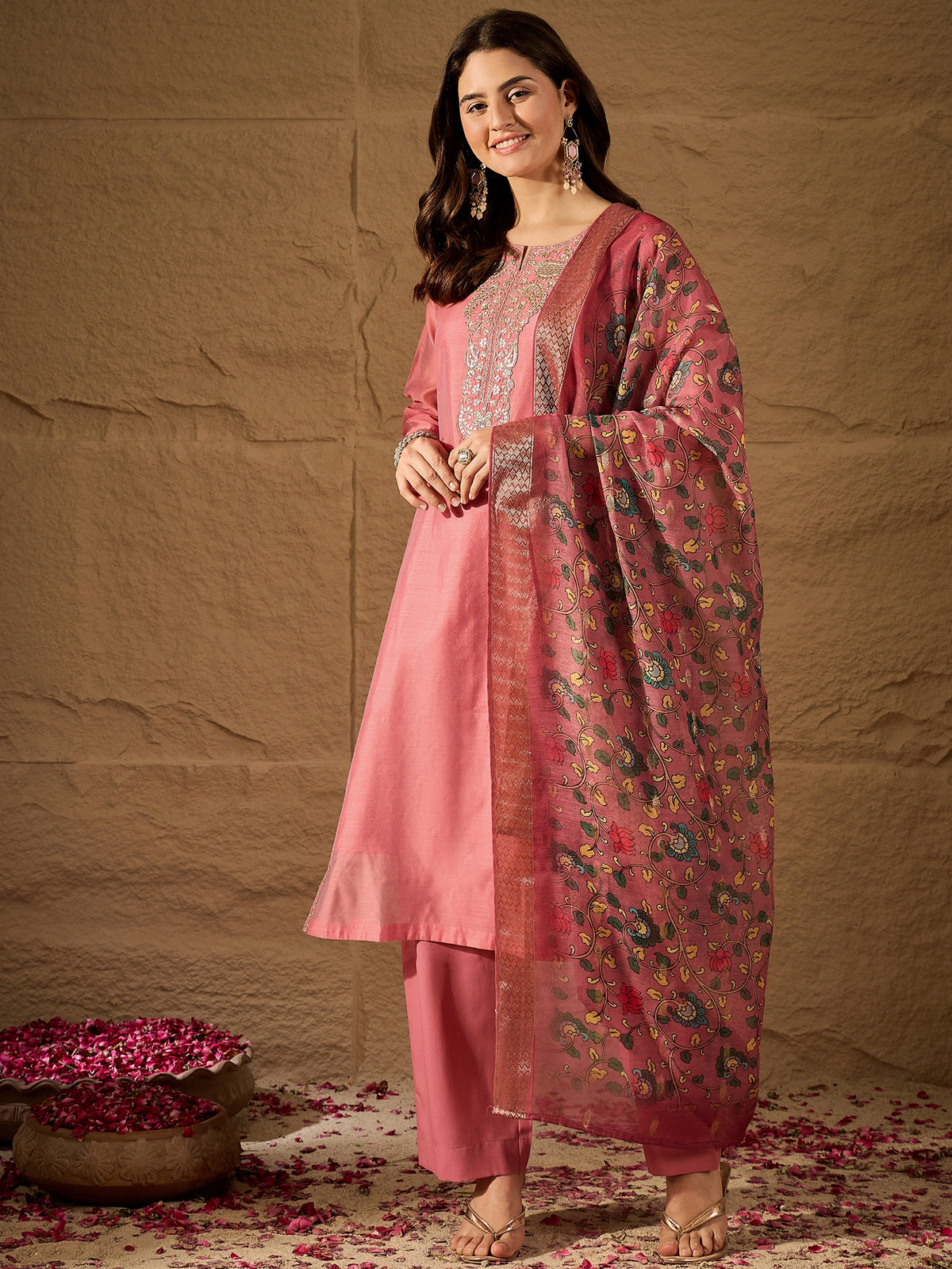 Peach Ethnic Kurta Pant Set with Printed Dupatta