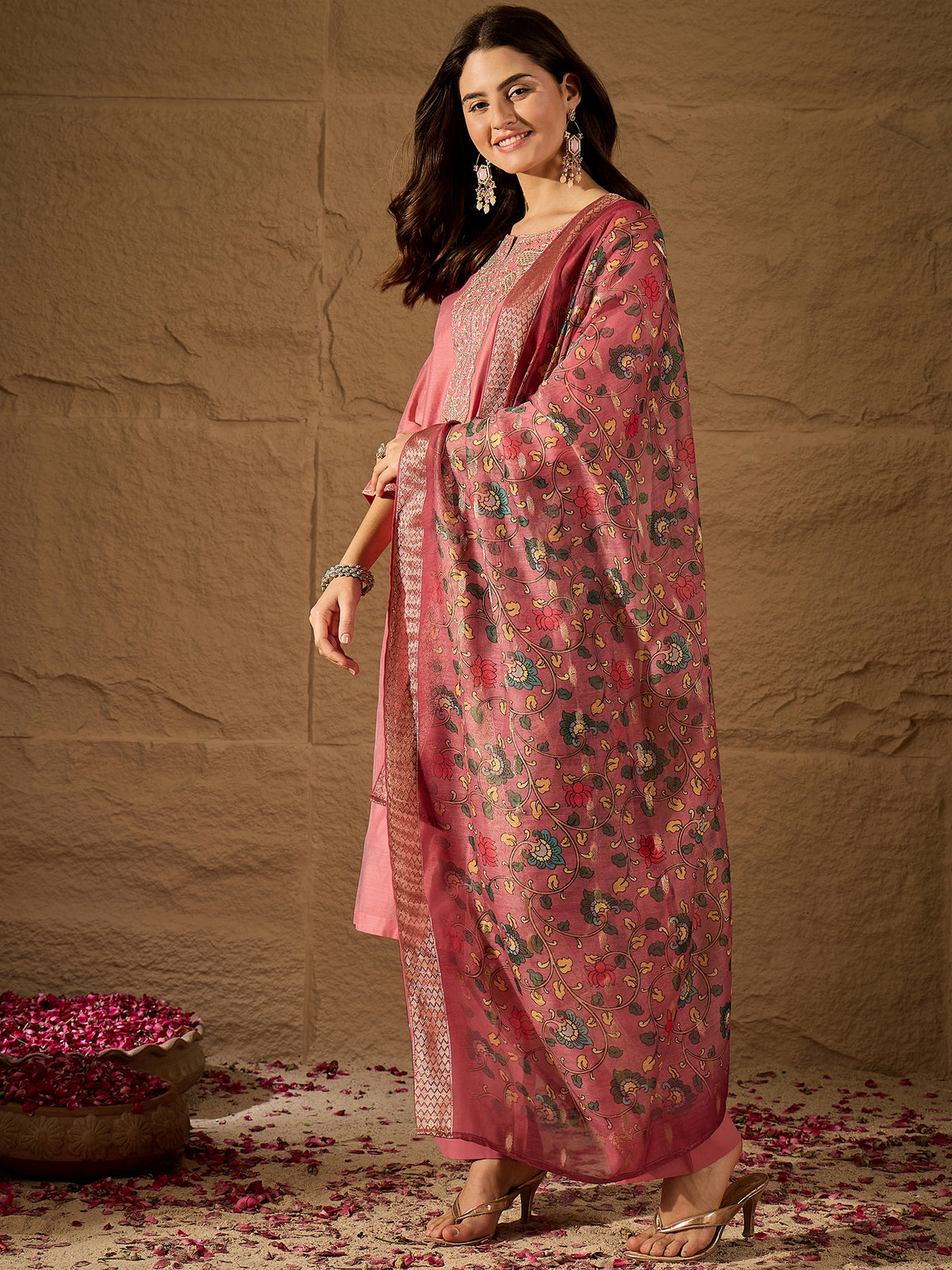 Peach Ethnic Kurta Pant Set with Printed Dupatta