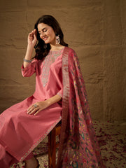 Peach Ethnic Kurta Pant Set with Printed Dupatta