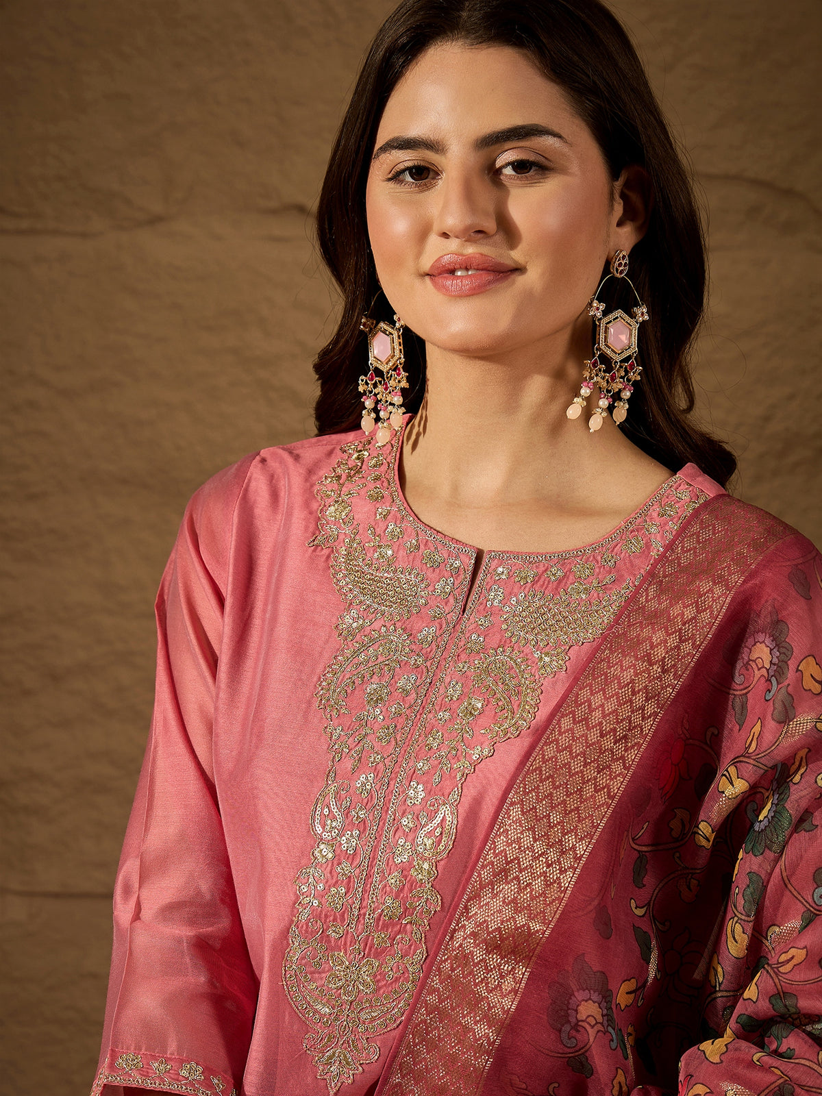 Peach Ethnic Kurta Pant Set with Printed Dupatta