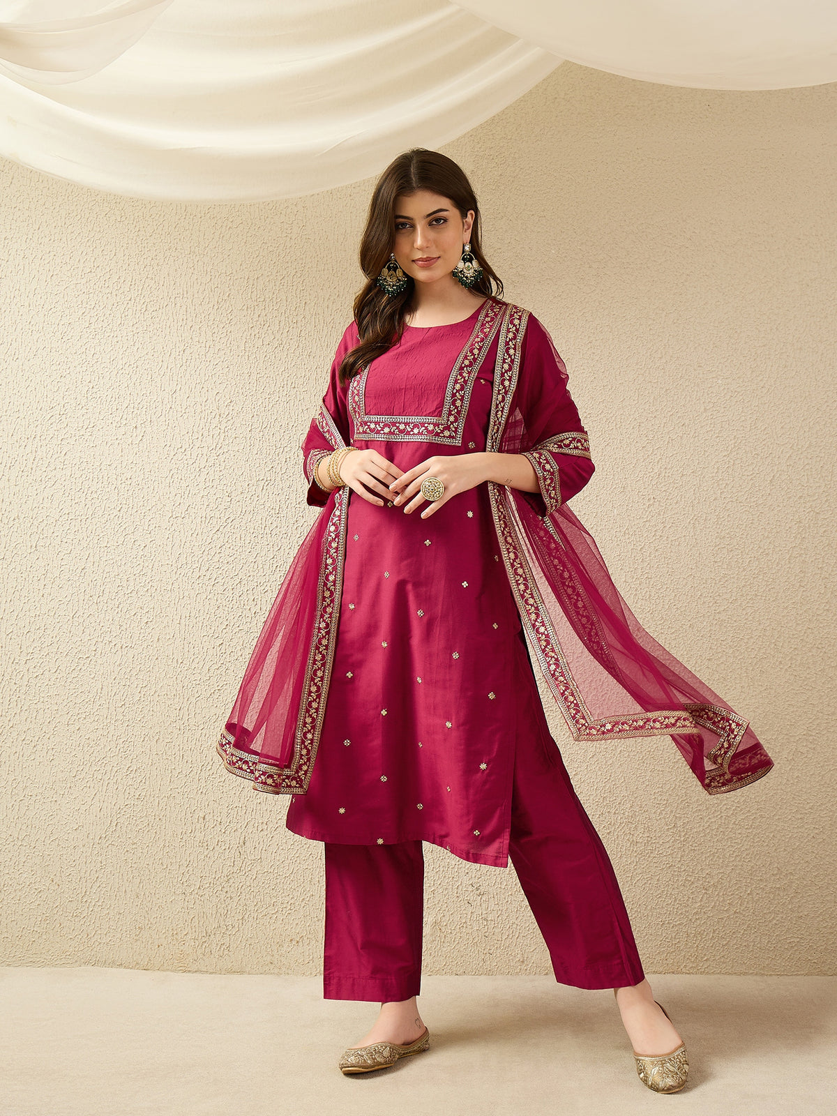 Dark Pink Embroidered Kurta Pant Set with Dupatta