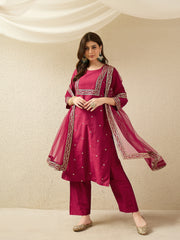 Dark Pink Embroidered Kurta Pant Set with Dupatta