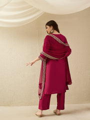 Dark Pink Embroidered Kurta Pant Set with Dupatta