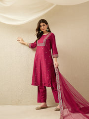 Dark Pink Embroidered Kurta Pant Set with Dupatta