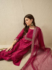 Dark Pink Embroidered Kurta Pant Set with Dupatta