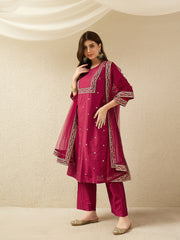 Dark Pink Embroidered Kurta Pant Set with Dupatta