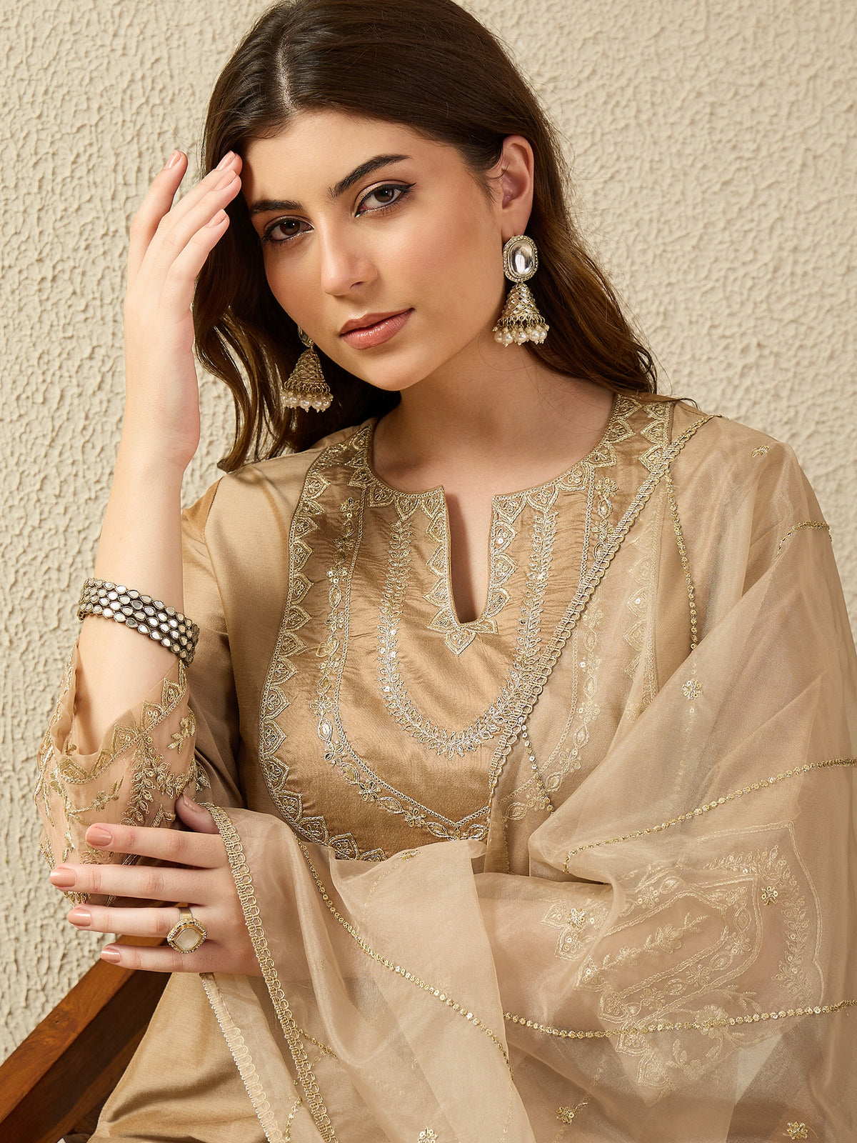 Elegant Gold Embroidered Kurta Set with Dupatta