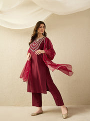 Elegant Maroon Embroidered Kurta Set with Dupatta