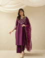 Elegant Wine Embroidered Kurta Set with Dupatta