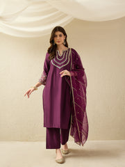 Elegant Wine Embroidered Kurta Set with Dupatta