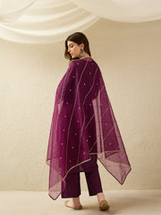 Elegant Wine Embroidered Kurta Set with Dupatta
