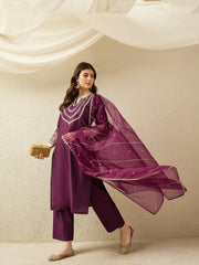 Elegant Wine Embroidered Kurta Set with Dupatta
