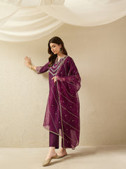 Elegant Wine Embroidered Kurta Set with Dupatta