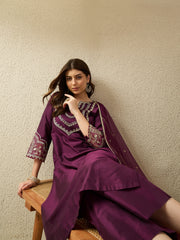 Elegant Wine Embroidered Kurta Set with Dupatta