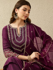 Elegant Wine Embroidered Kurta Set with Dupatta
