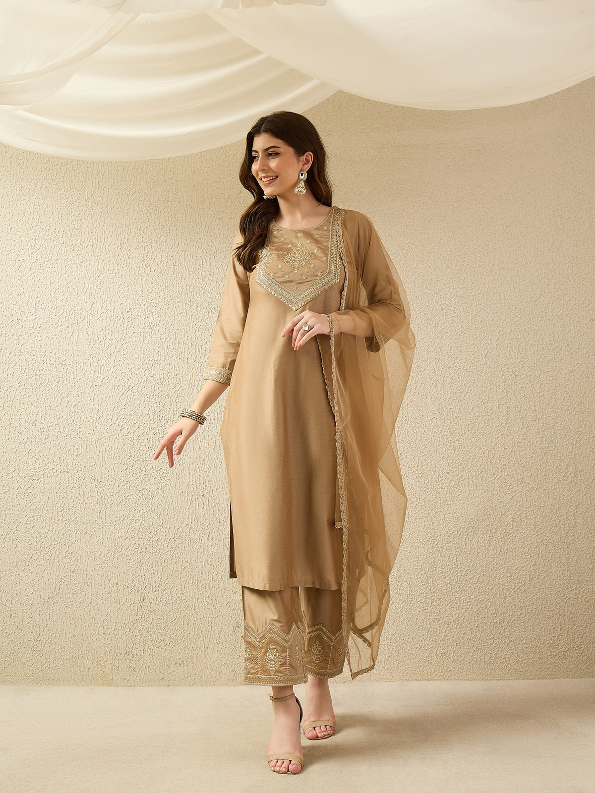 Festive Gold Embroidered Straight Kurta Set
