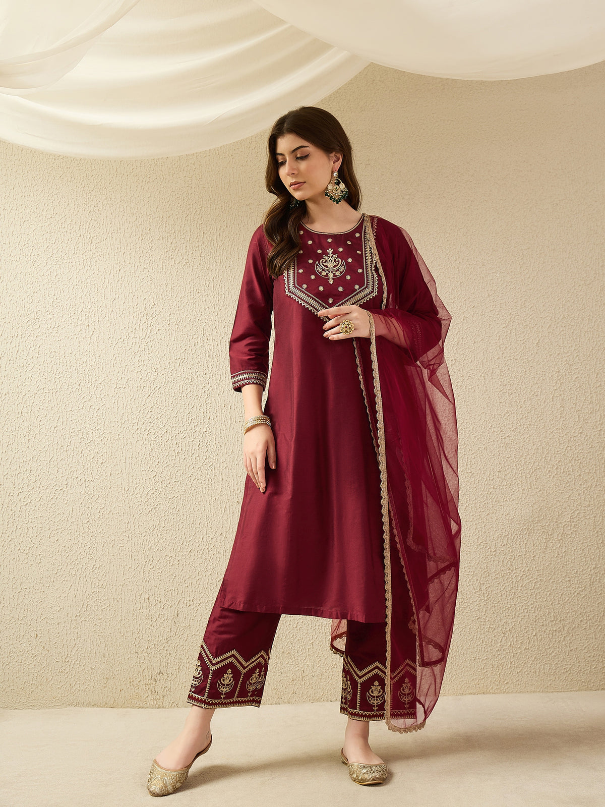 Festive Maroon Embroidered Straight Kurta Set