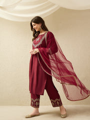 Festive Maroon Embroidered Straight Kurta Set