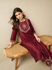 Festive Maroon Embroidered Straight Kurta Set