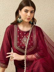 Festive Maroon Embroidered Straight Kurta Set
