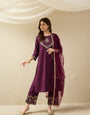 Festive Wine Embroidered Straight Kurta Set