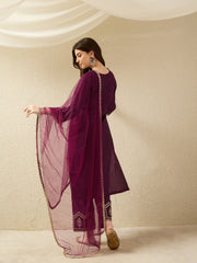 Festive Wine Embroidered Straight Kurta Set