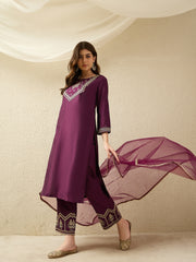 Festive Wine Embroidered Straight Kurta Set